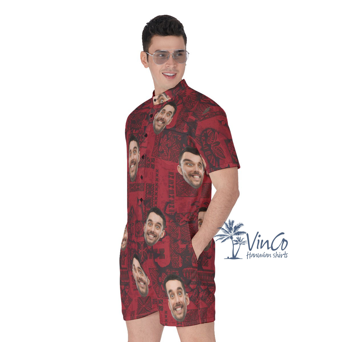 Vintage Red Custom Hawaiian Men's Romper With Multiple Faces