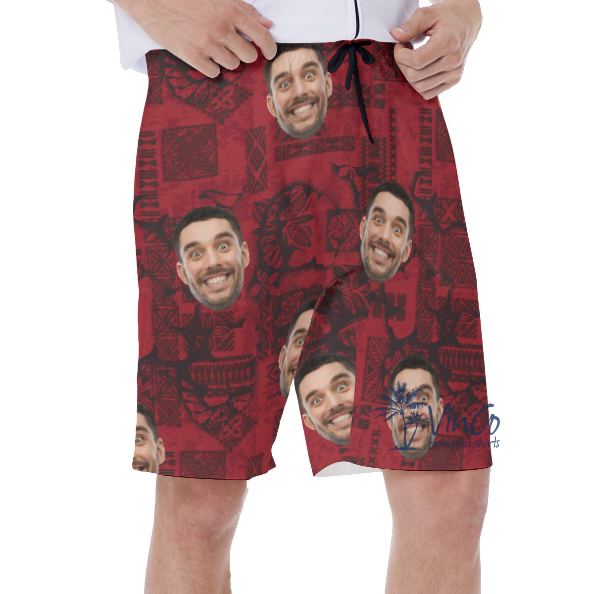 Vintage Red Custom Hawaiian Swim Trunks With Face
