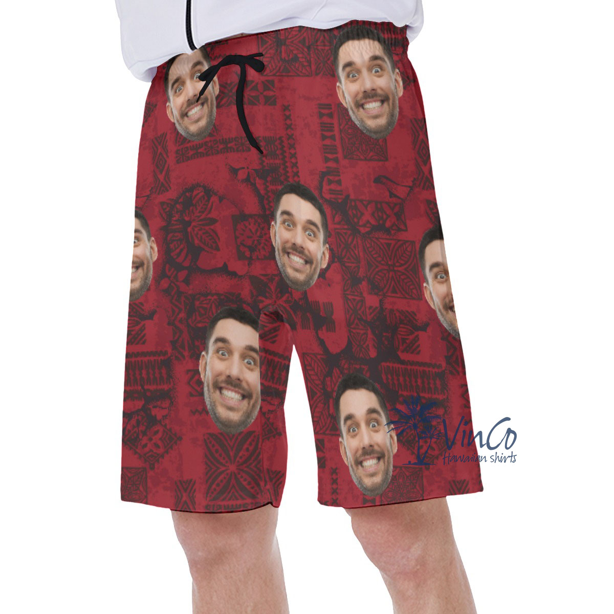 Vintage Red Custom Hawaiian Swim Trunks With Face