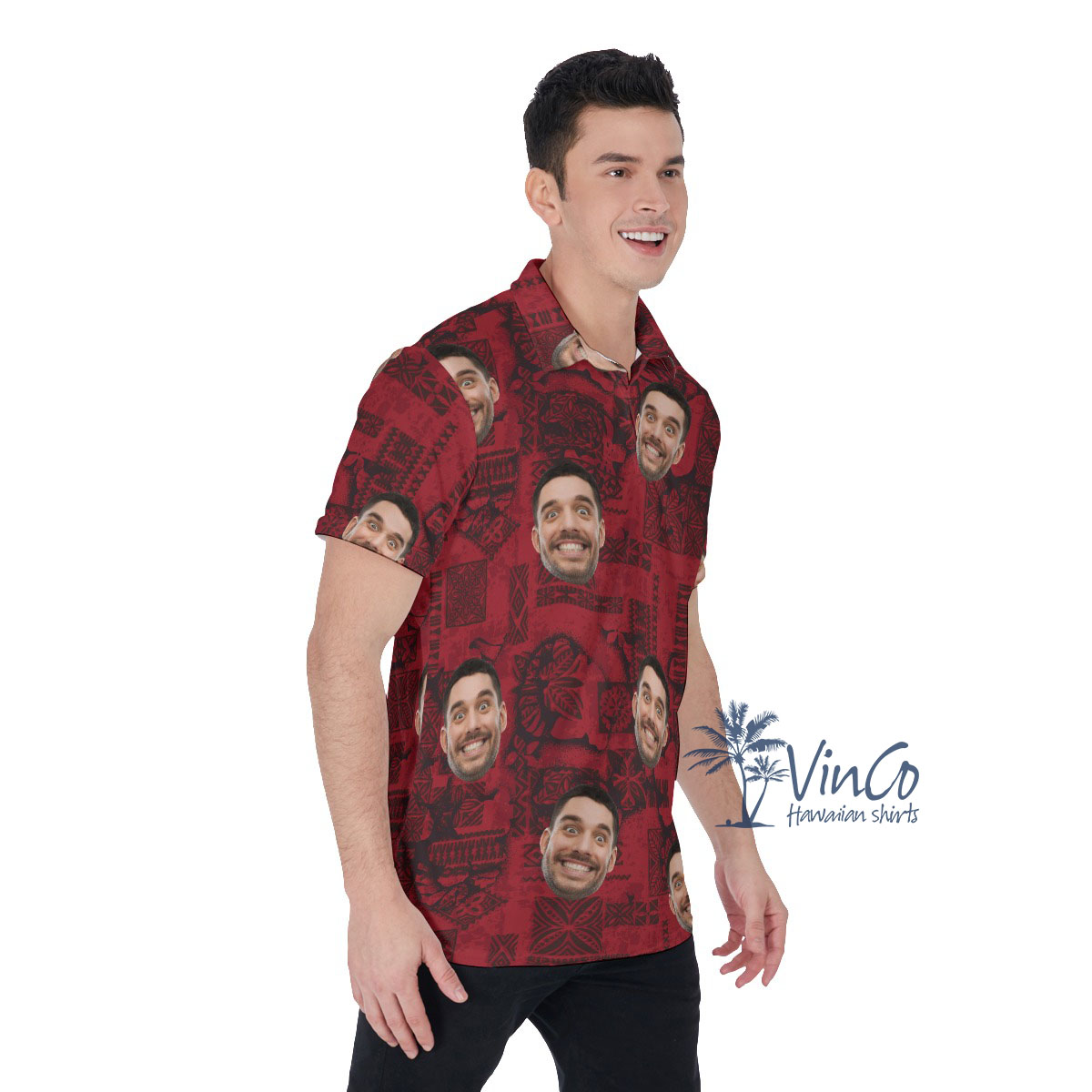 Vintage Red Custom Hawaiian Golf Shirt With Face