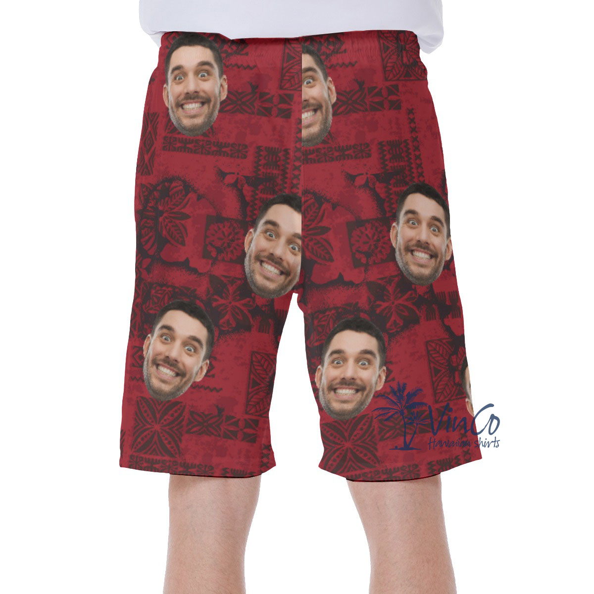 Vintage Red Custom Hawaiian Swim Trunks With Face