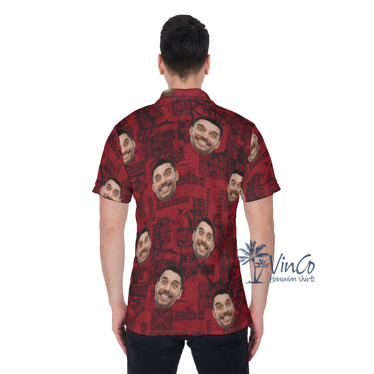 Vintage Red Custom Hawaiian Golf Shirt With Face