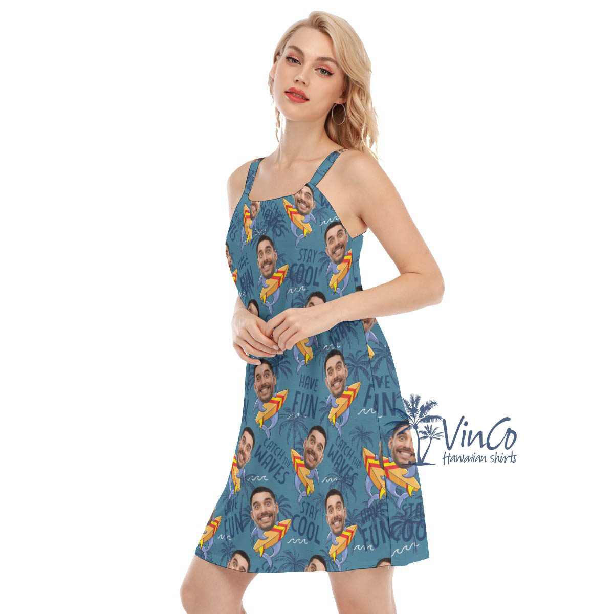 Funny Custom Face Surfing Shark Navy Hawaiian Cami Dress