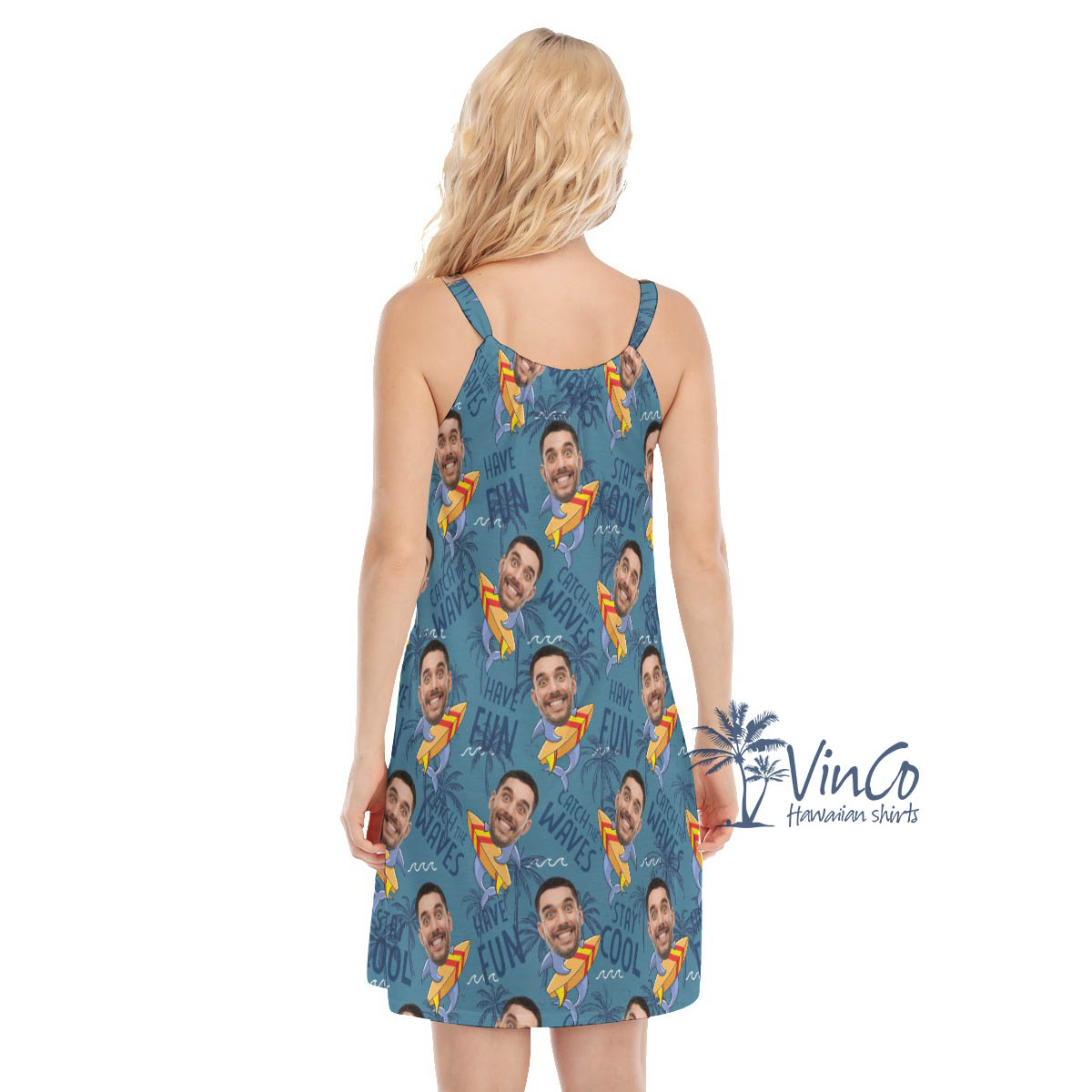 Funny Custom Face Surfing Shark Navy Hawaiian Cami Dress