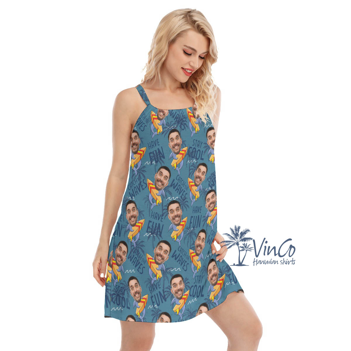 Funny Custom Face Surfing Shark Navy Hawaiian Cami Dress