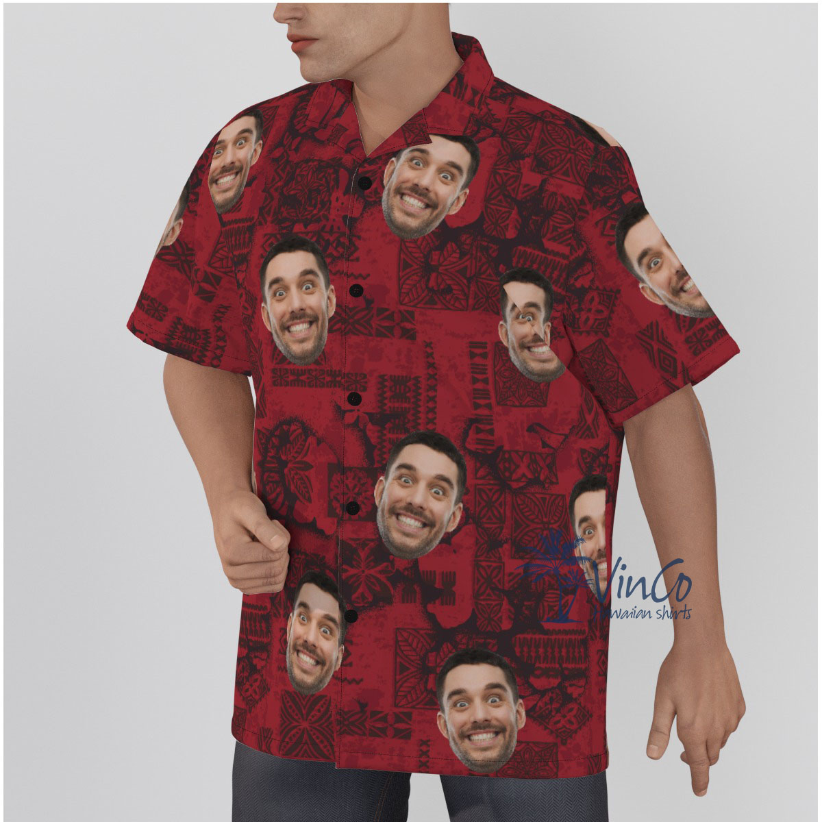 Vintage Red Men's Hawaiian Shirt With Custom Face