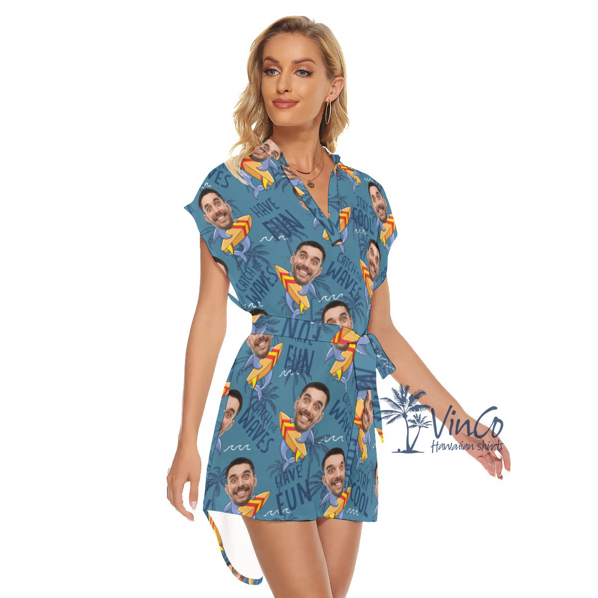 Funny Shark Surfing Hawaiian Dresses With Custom Face For Women