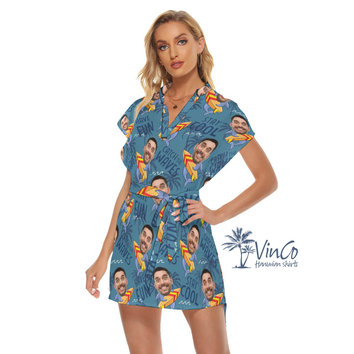 Funny Shark Surfing Hawaiian Dresses With Custom Face For Women