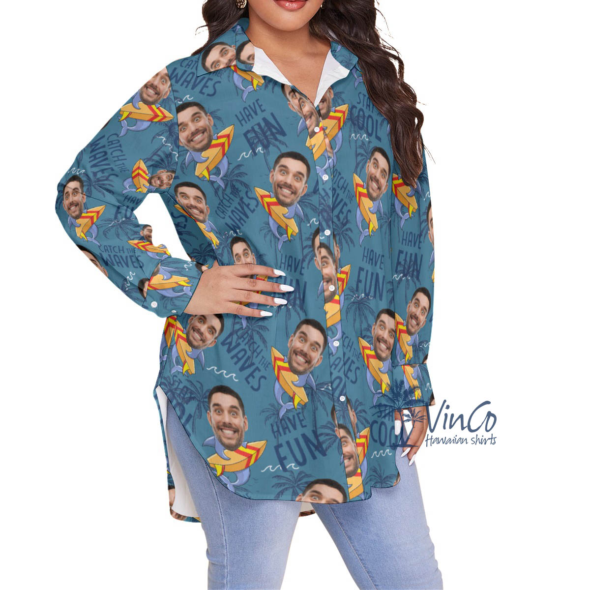 Funny Shark Surfing Hawaiian Plus Size Shirt With Custom Face