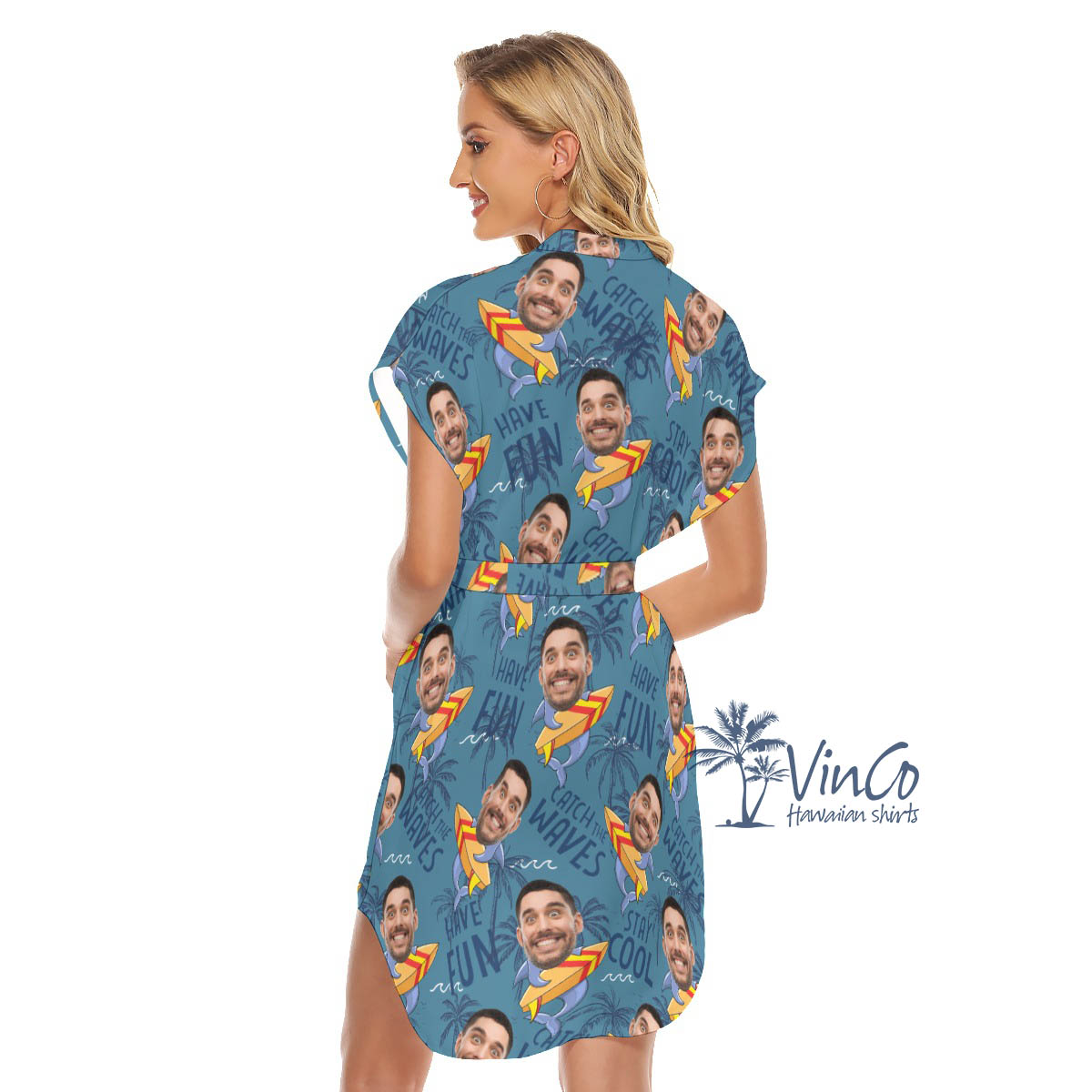 Funny Shark Surfing Hawaiian Dresses With Custom Face For Women
