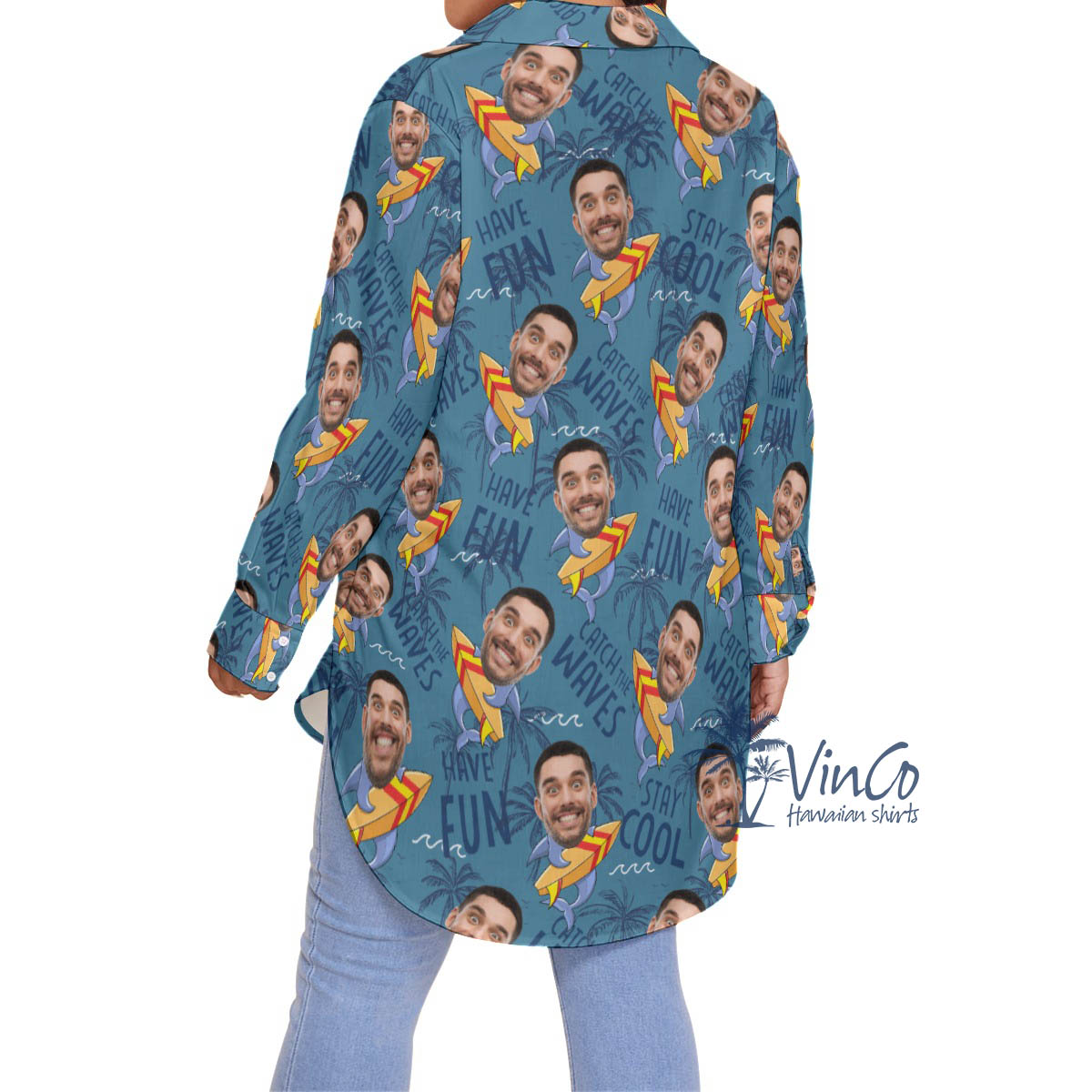 Funny Shark Surfing Hawaiian Plus Size Shirt With Custom Face