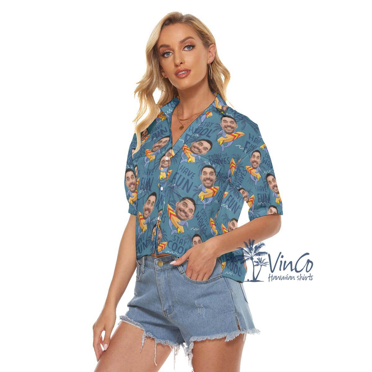 Custom Face Surfing Shark Hawaiian Crop Top Shirt For Women