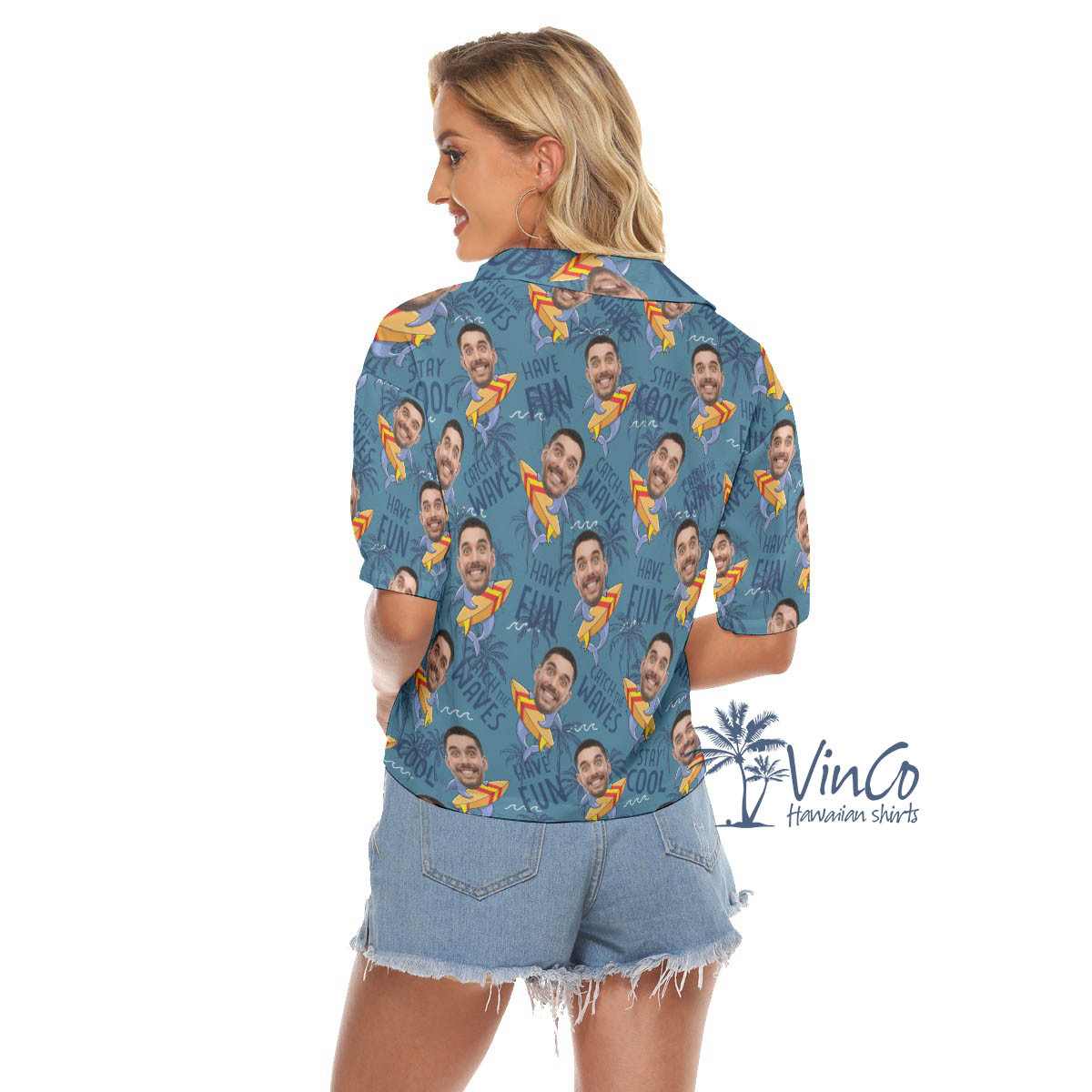 Custom Face Surfing Shark Hawaiian Crop Top Shirt For Women