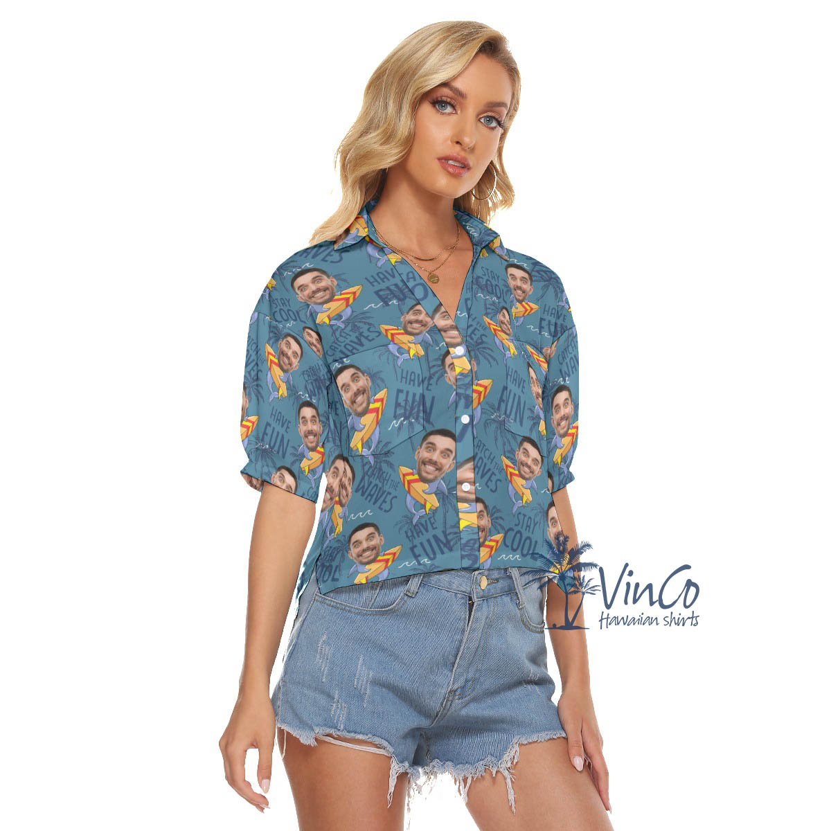 Custom Face Surfing Shark Hawaiian Crop Top Shirt For Women
