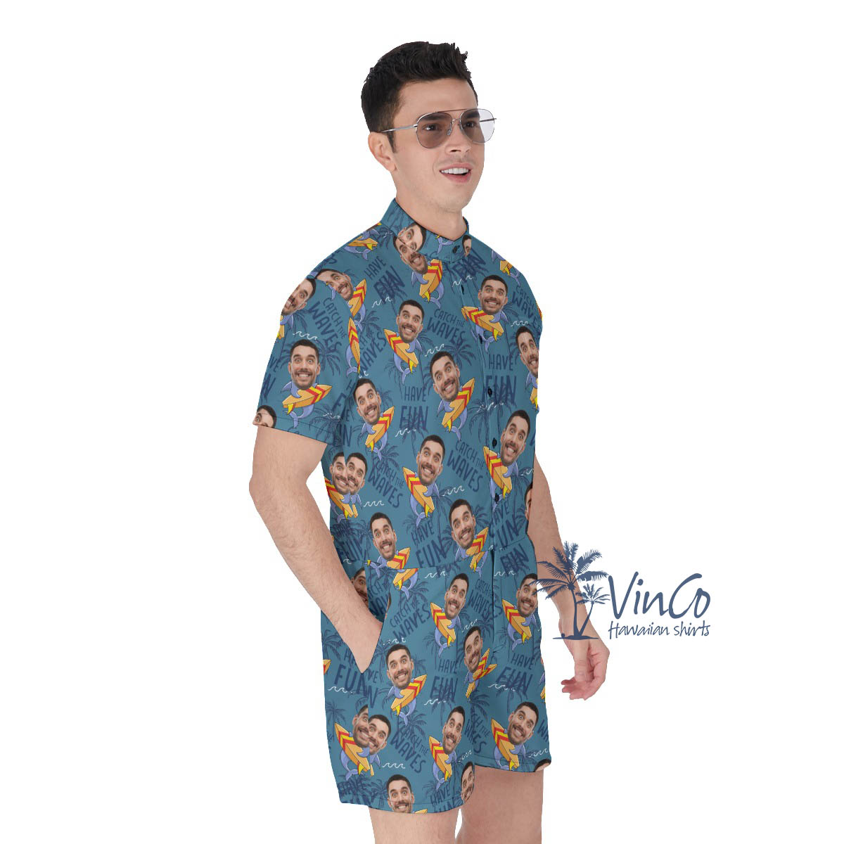 Custom Face Surfing Shark Navy Hawaiian Romper For Men