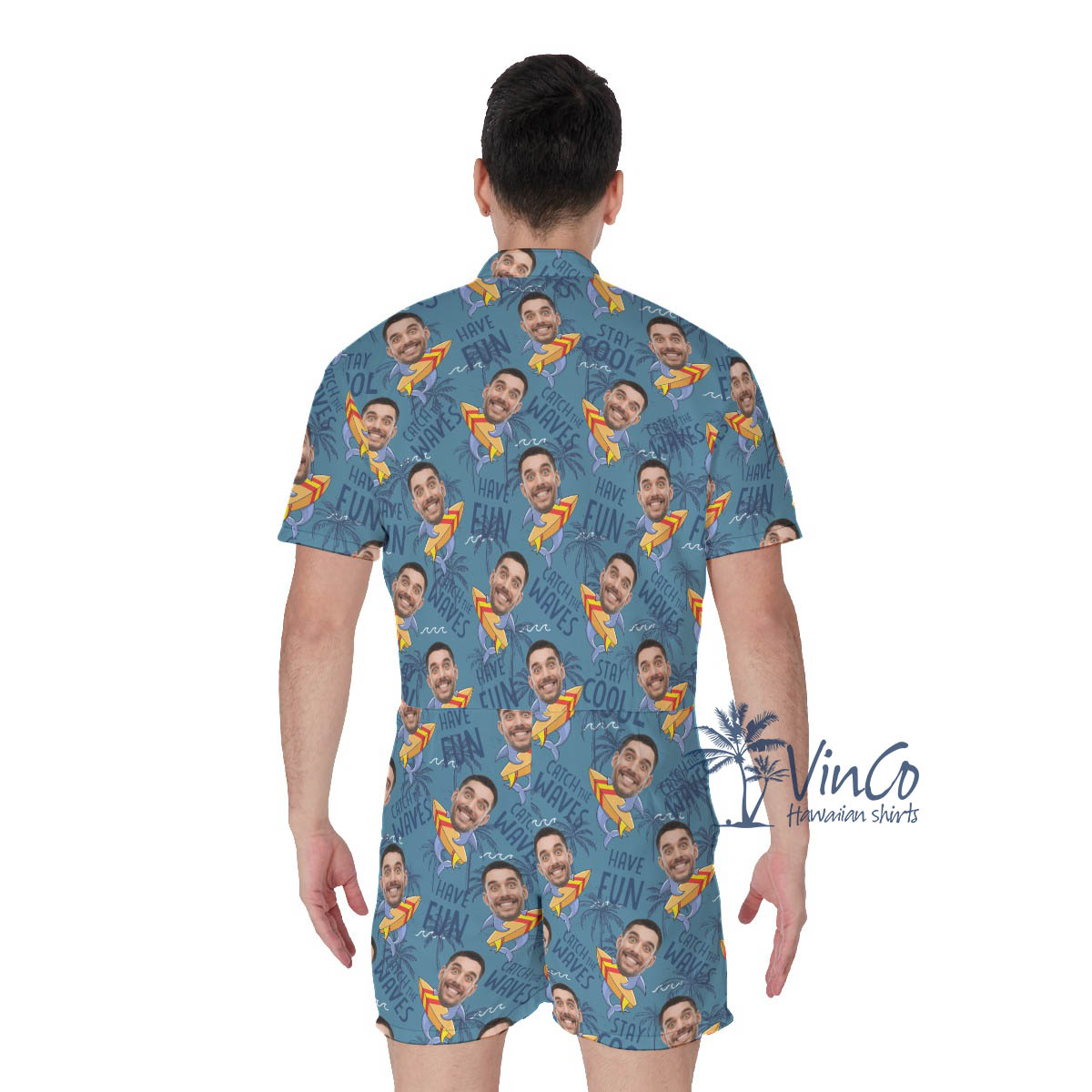 Custom Face Surfing Shark Navy Hawaiian Romper For Men