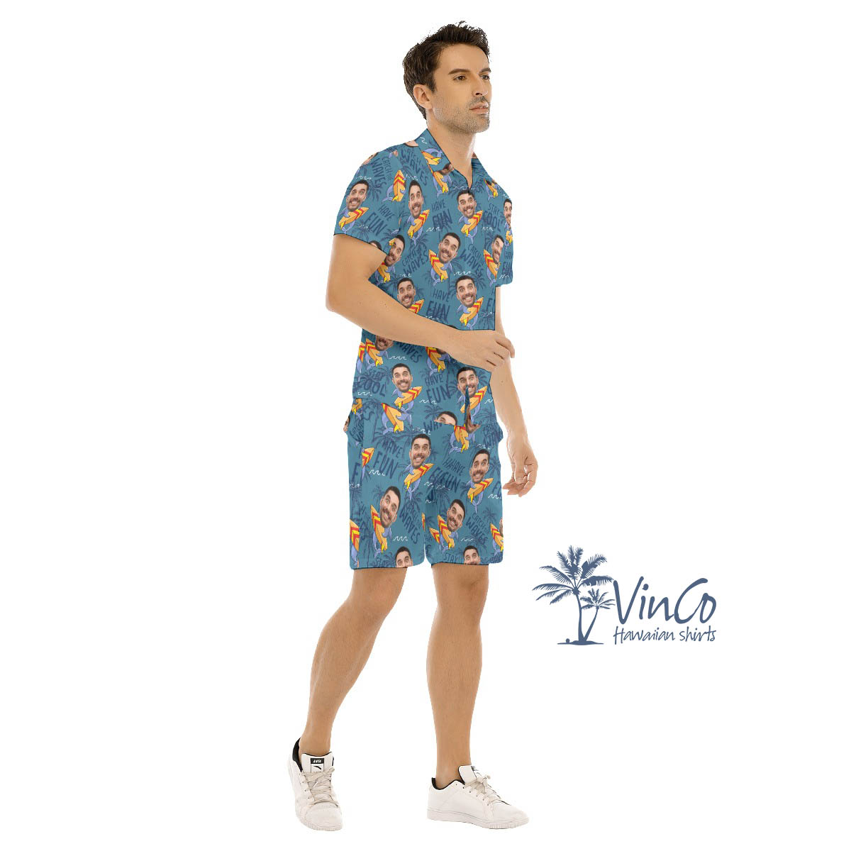 Funny Custom Face With Shark Surfing Hawaiian Shirt And Matching Shorts For Men