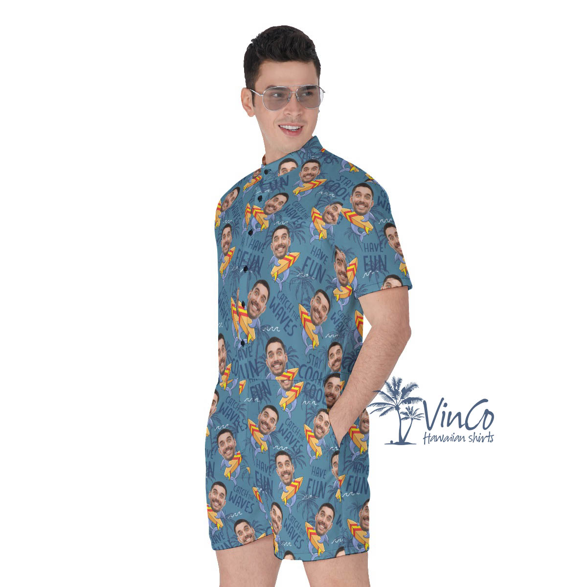 Custom Face Surfing Shark Navy Hawaiian Romper For Men