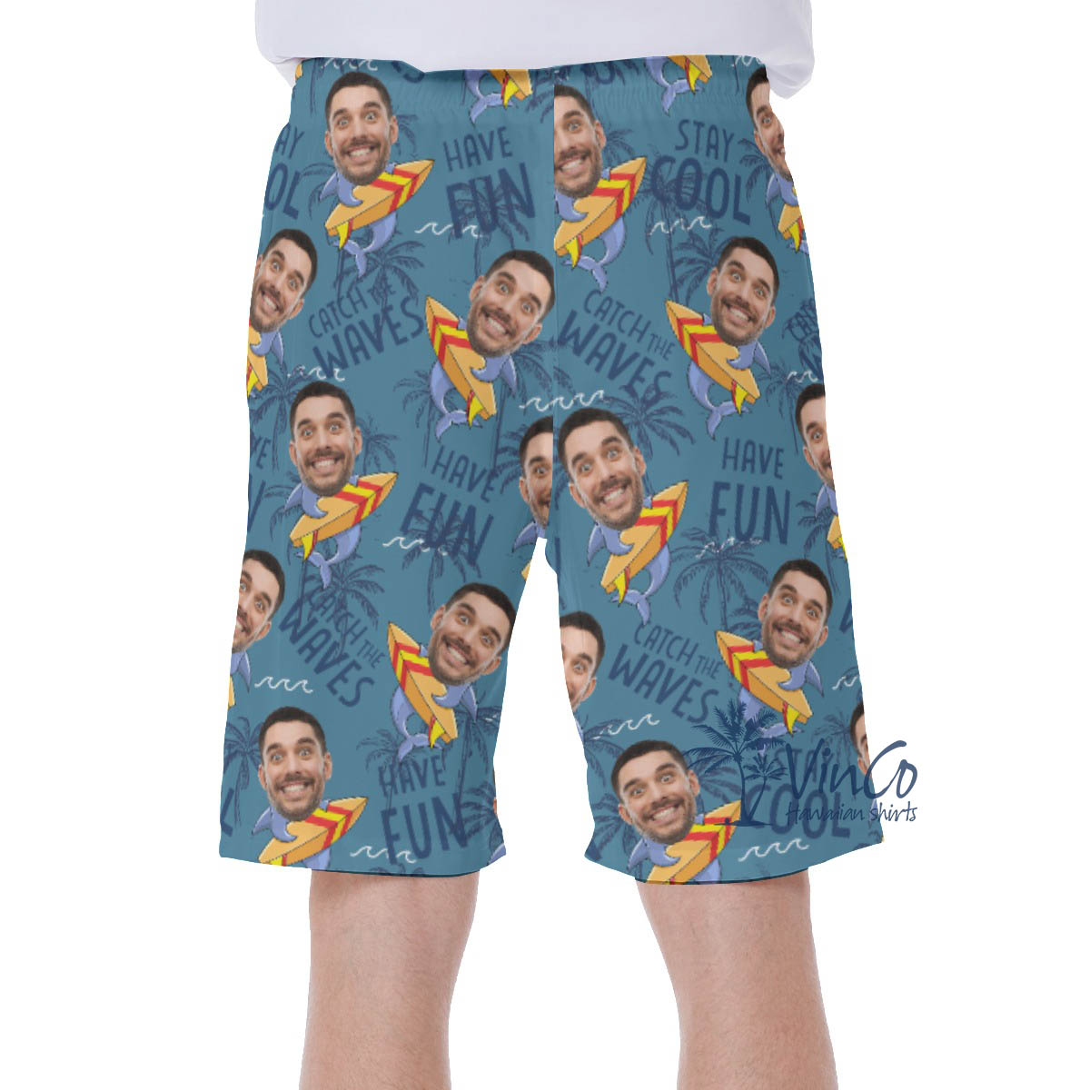 Funny Shark Surfing Hawaiian Swim Trunks With Custom Face For Men