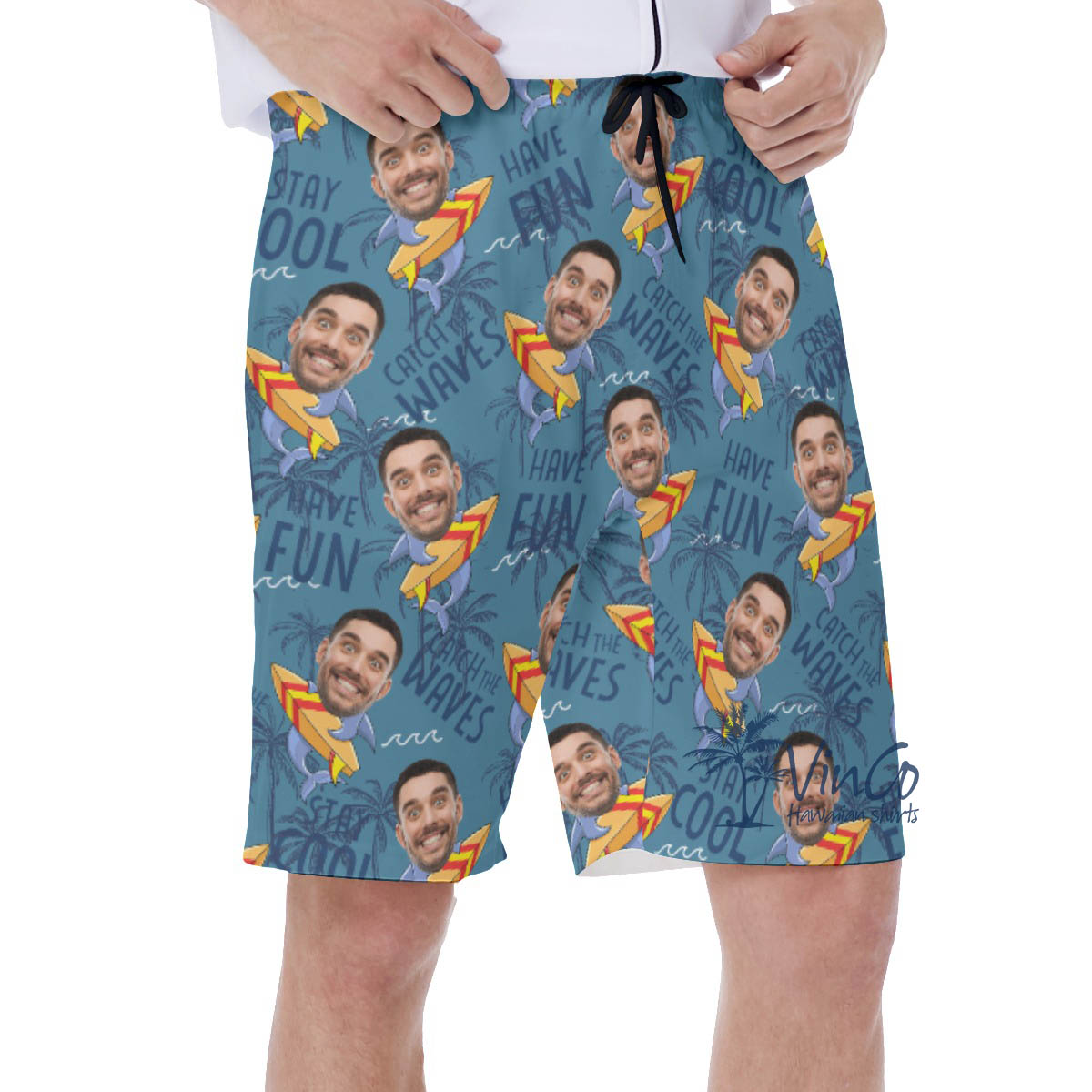 Funny Shark Surfing Hawaiian Swim Trunks With Custom Face For Men