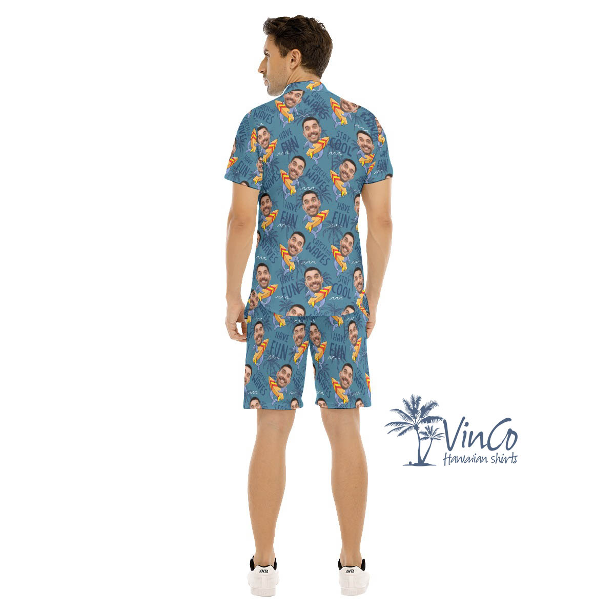Funny Custom Face With Shark Surfing Hawaiian Shirt And Matching Shorts For Men