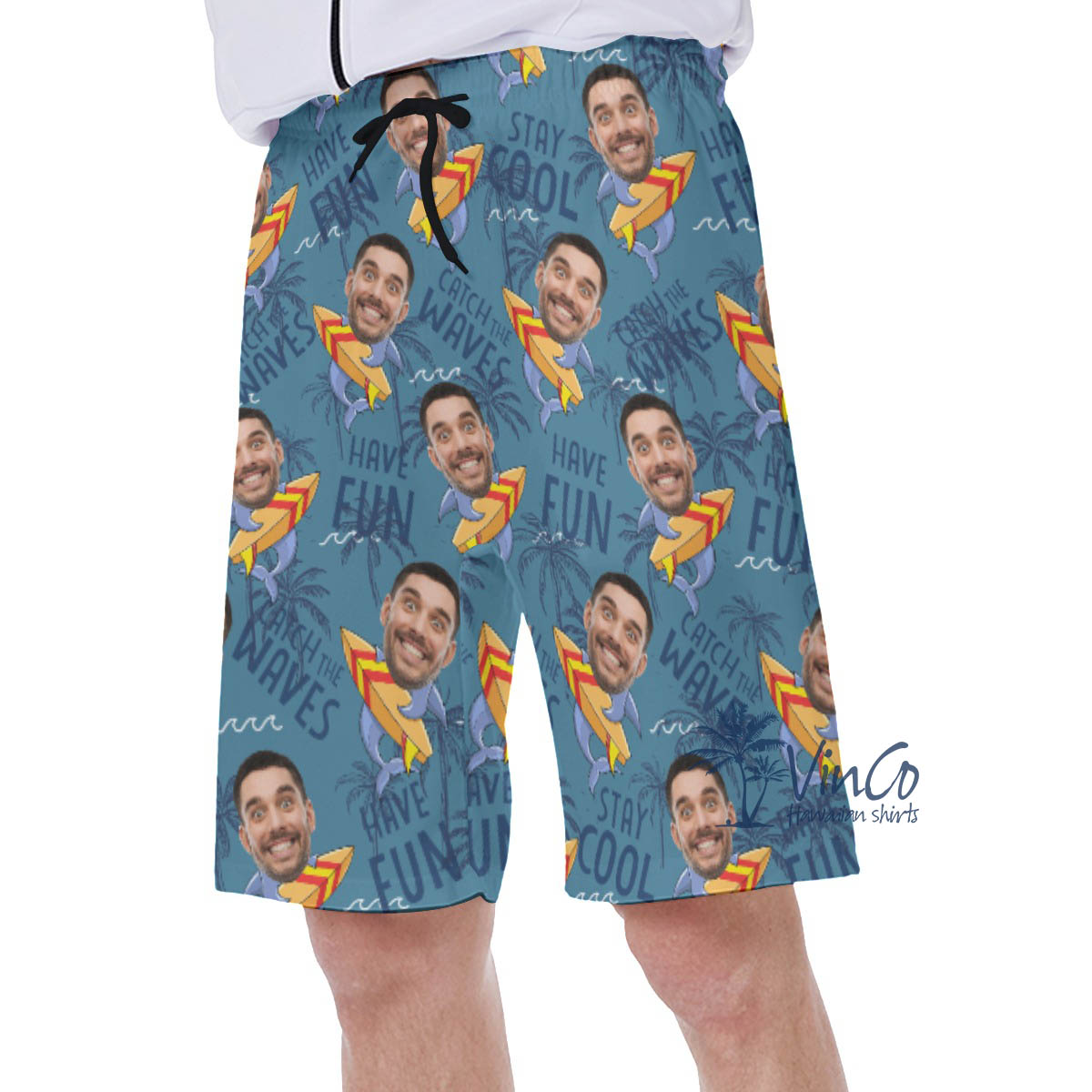 Funny Shark Surfing Hawaiian Swim Trunks With Custom Face For Men
