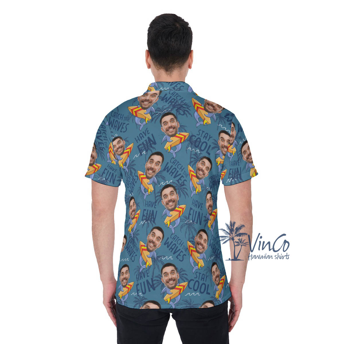 Funny Custom Face Shark Surfing Hawaiian Polo Shirt For Men