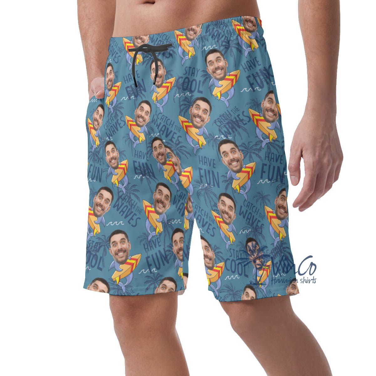 Funny Shark Surfing Hawaiian Beach Shorts With Custom Face
