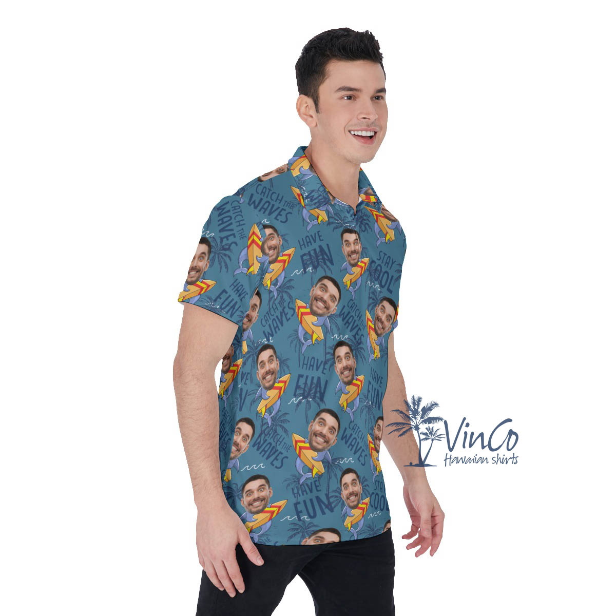 Funny Custom Face Shark Surfing Hawaiian Polo Shirt For Men