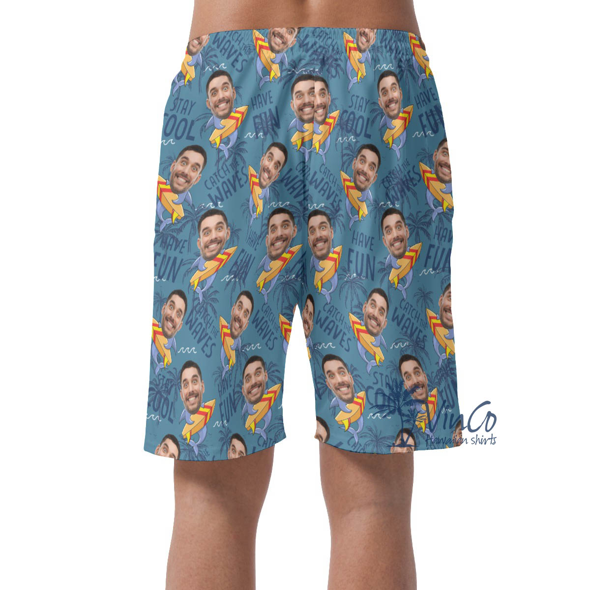Funny Shark Surfing Hawaiian Beach Shorts With Custom Face