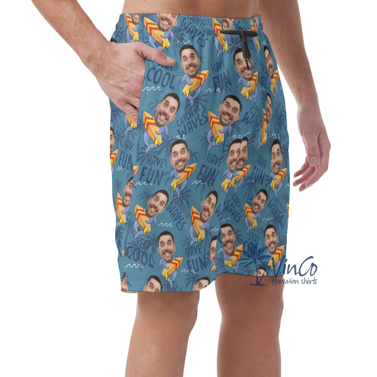 Funny Shark Surfing Hawaiian Beach Shorts With Custom Face