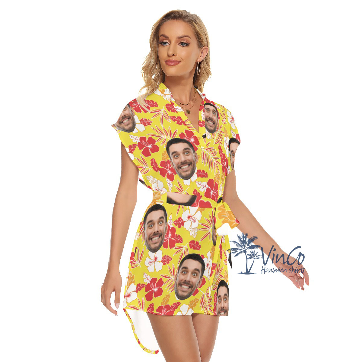 Yellow Hibiscus Custom Hawaiian Dress With Multiple Faces