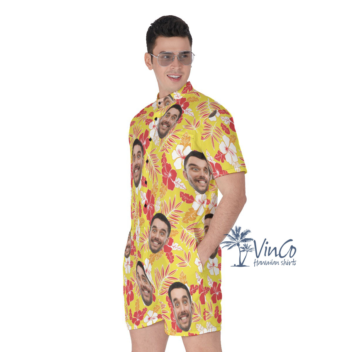 Yellow Hibiscus Custom Face Hawaiian Men's Romper With Preview