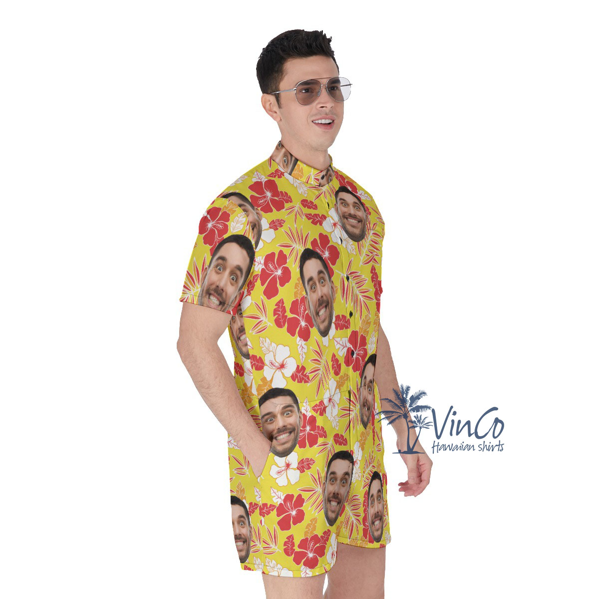 Yellow Hibiscus Custom Face Hawaiian Men's Romper With Preview