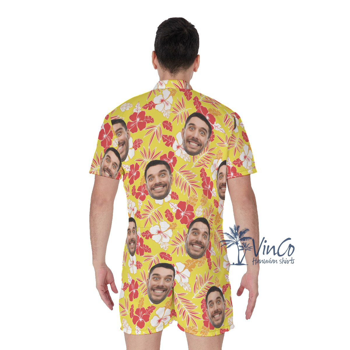 Yellow Hibiscus Custom Face Hawaiian Men's Romper With Preview