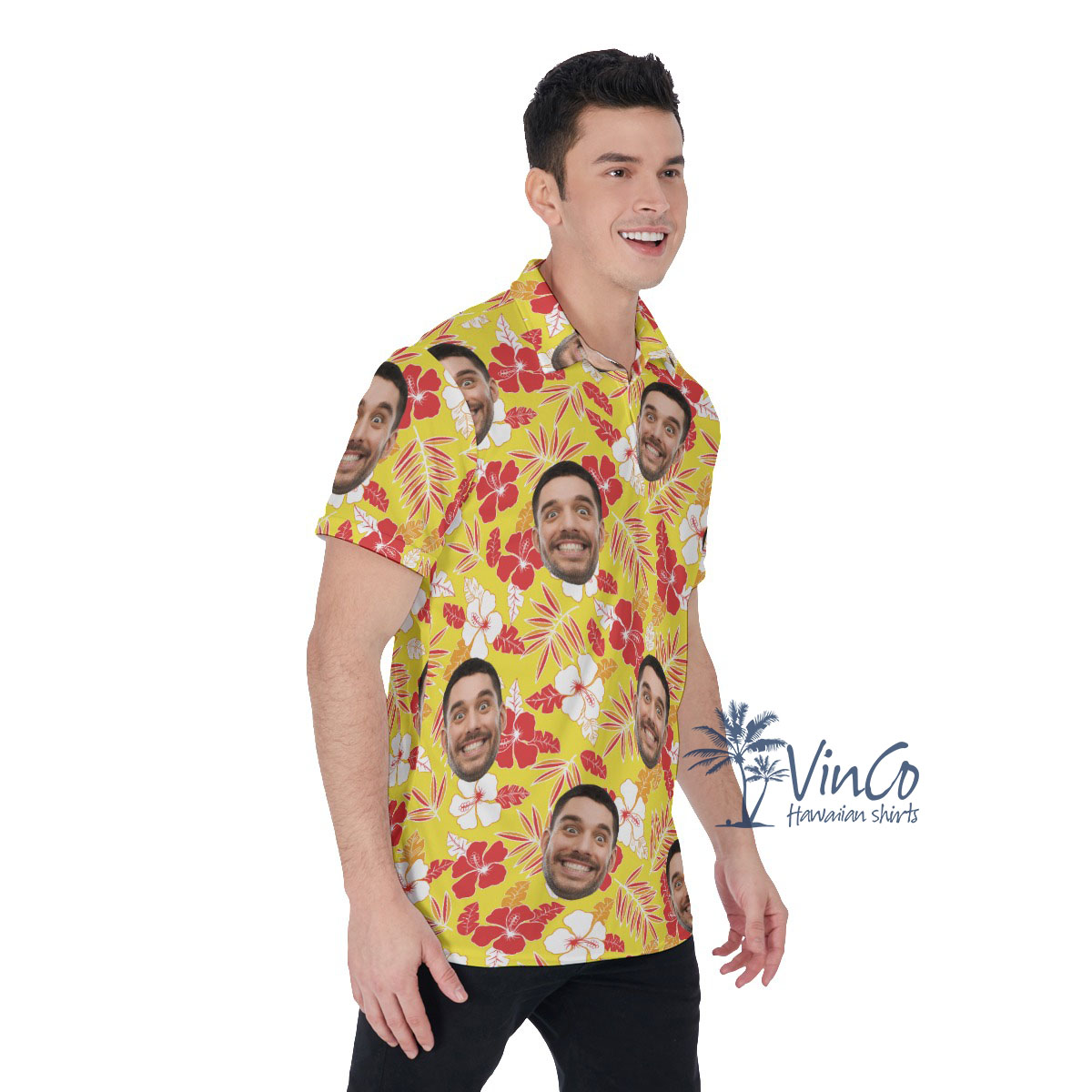 Hibiscus Yellow Custom Face Men's Hawaiian Polo Shirt