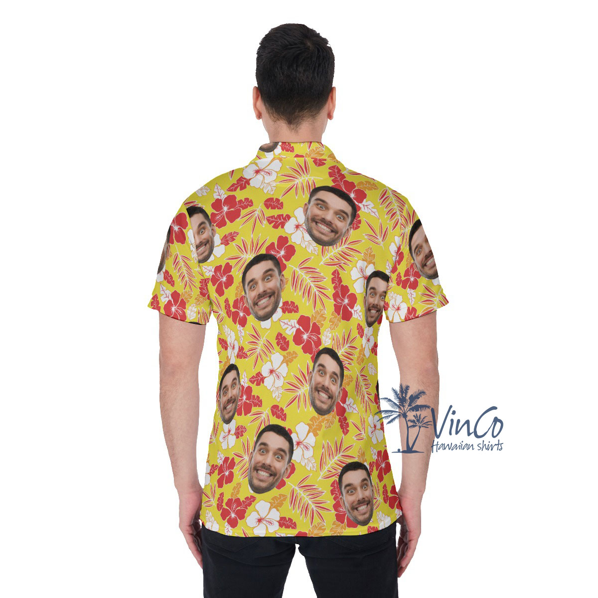 Hibiscus Yellow Custom Face Men's Hawaiian Polo Shirt