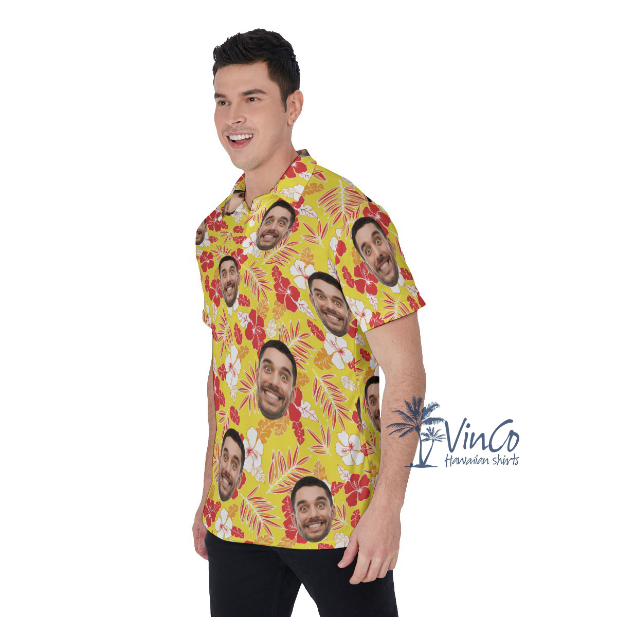Hibiscus Yellow Custom Face Men's Hawaiian Polo Shirt
