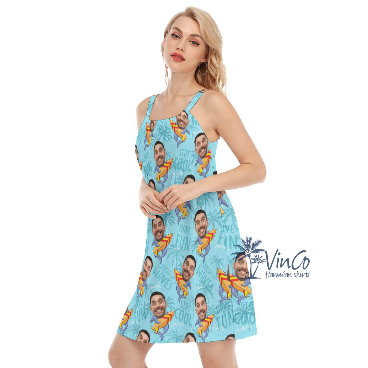 Custom Face Shark Surfing Hawaiian Cami Dress