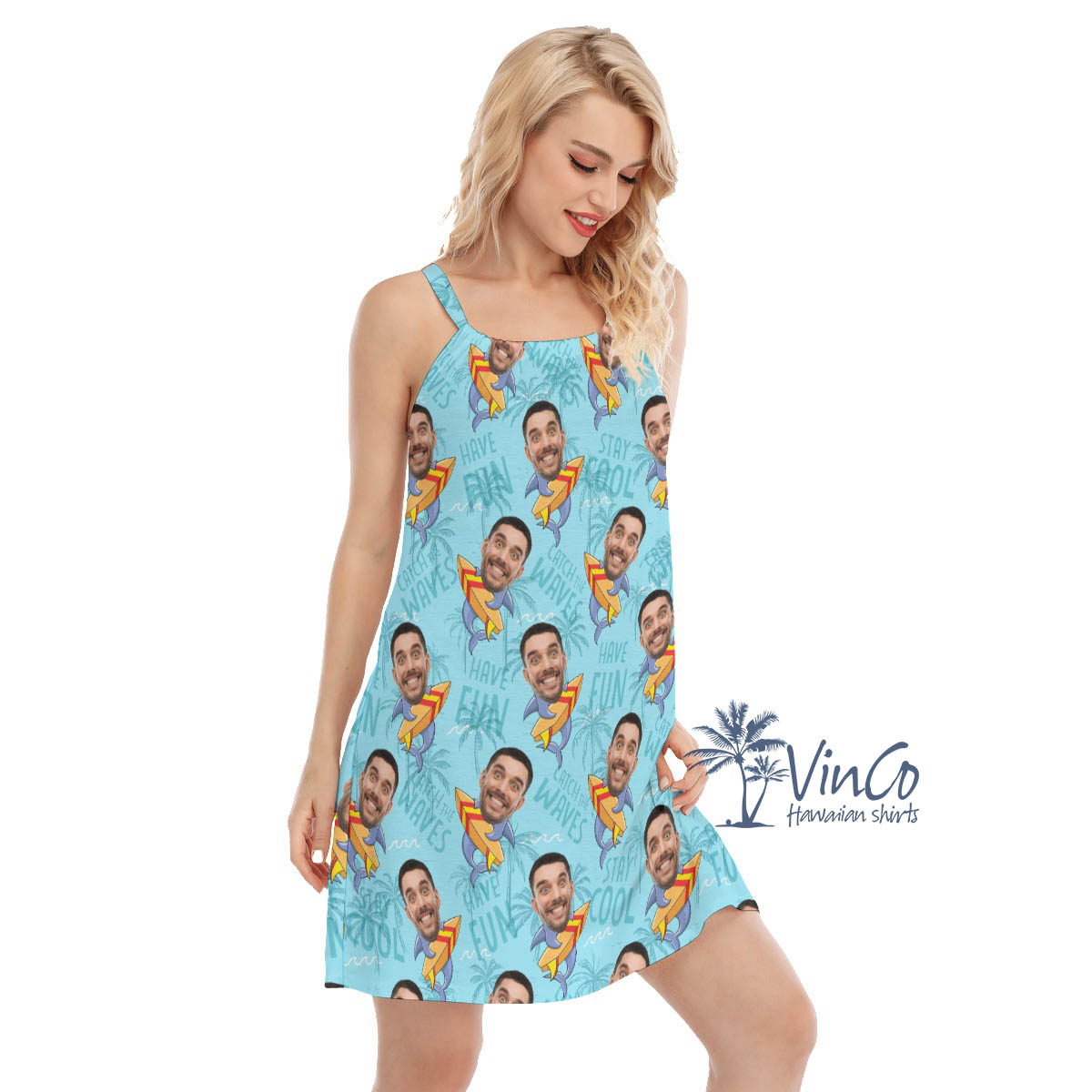 Custom Face Shark Surfing Hawaiian Cami Dress