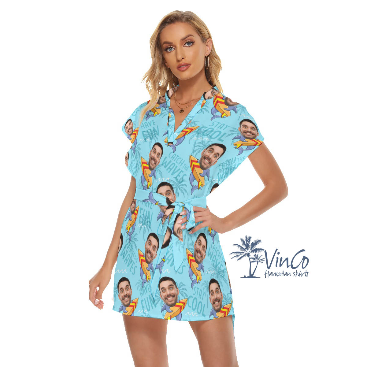 Funny Custom Face Shark Surfing Hawaiian Dresses For Women
