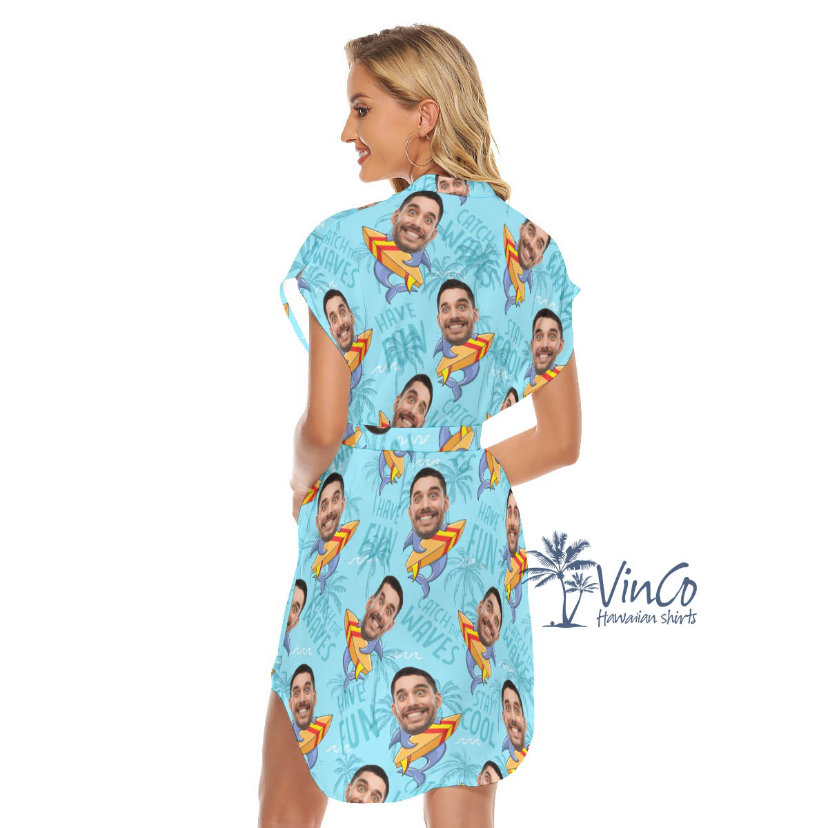 Funny Custom Face Shark Surfing Hawaiian Dresses For Women