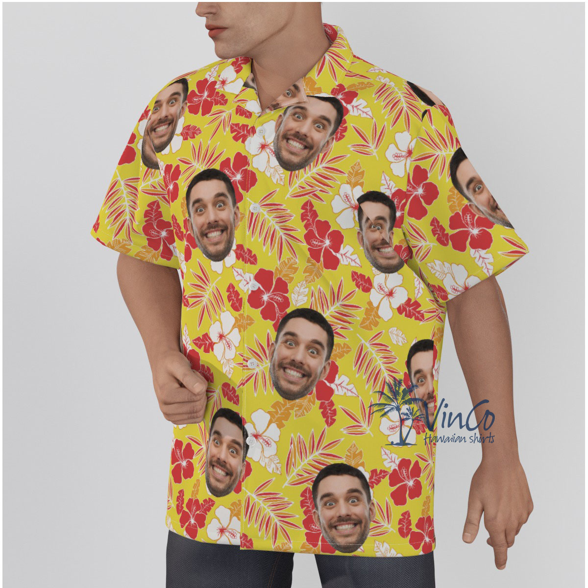 Hibiscus Yellow Custom Face Men's Hawaiian Shirt