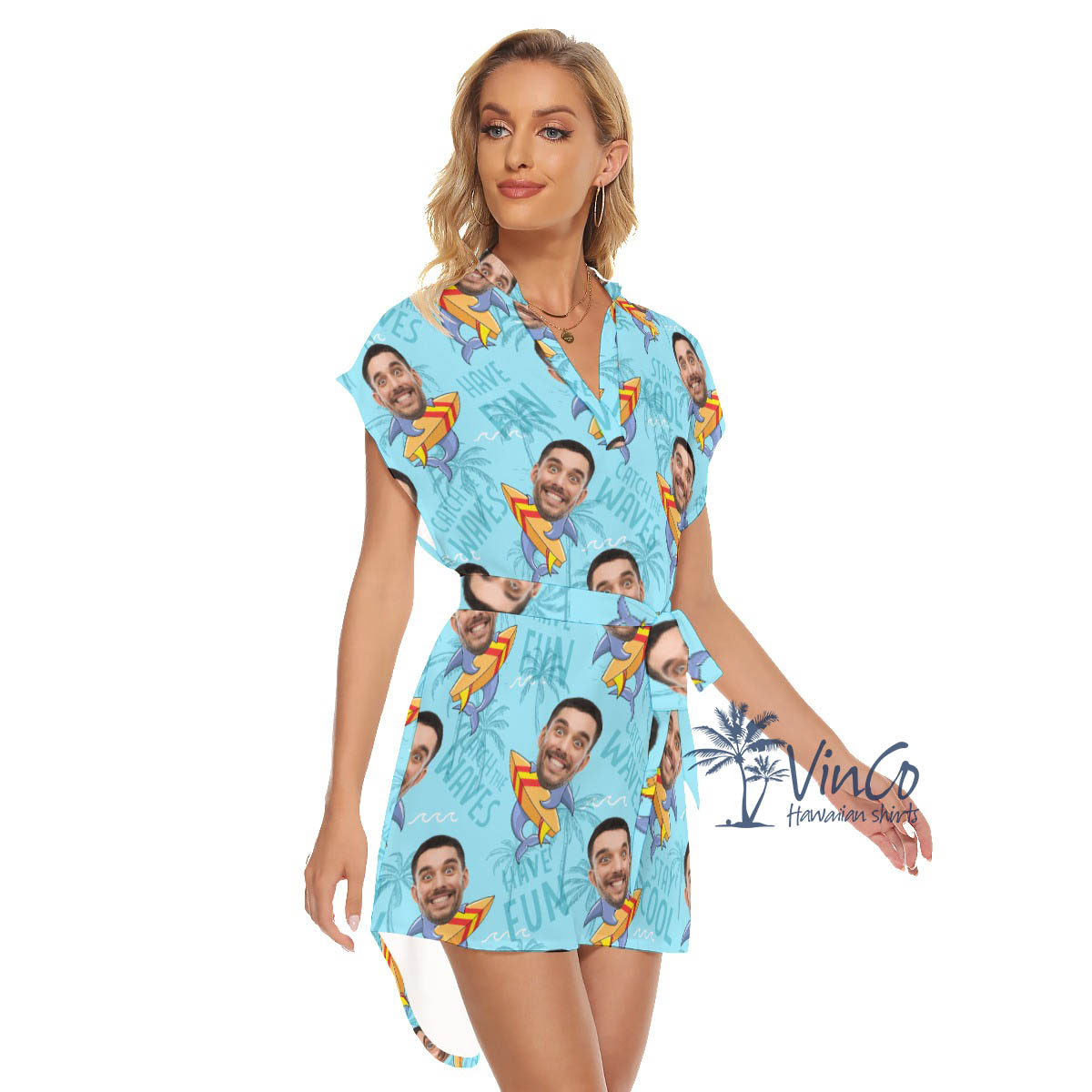 Funny Custom Face Shark Surfing Hawaiian Dresses For Women