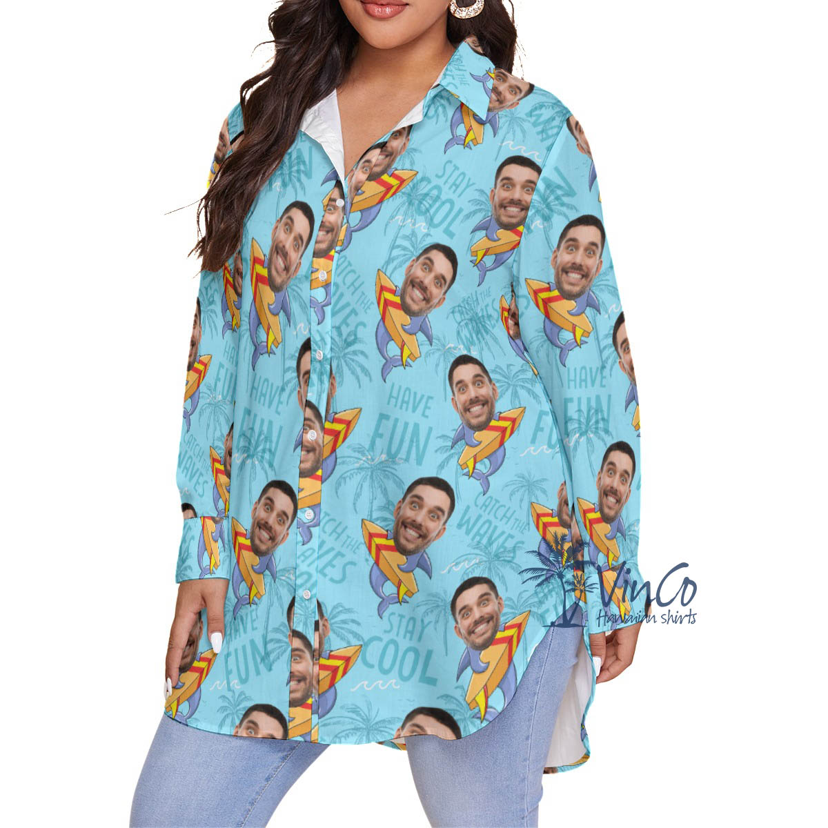 Funny Custom Face Shark Surfing Hawaiian Plus Shirt For Women