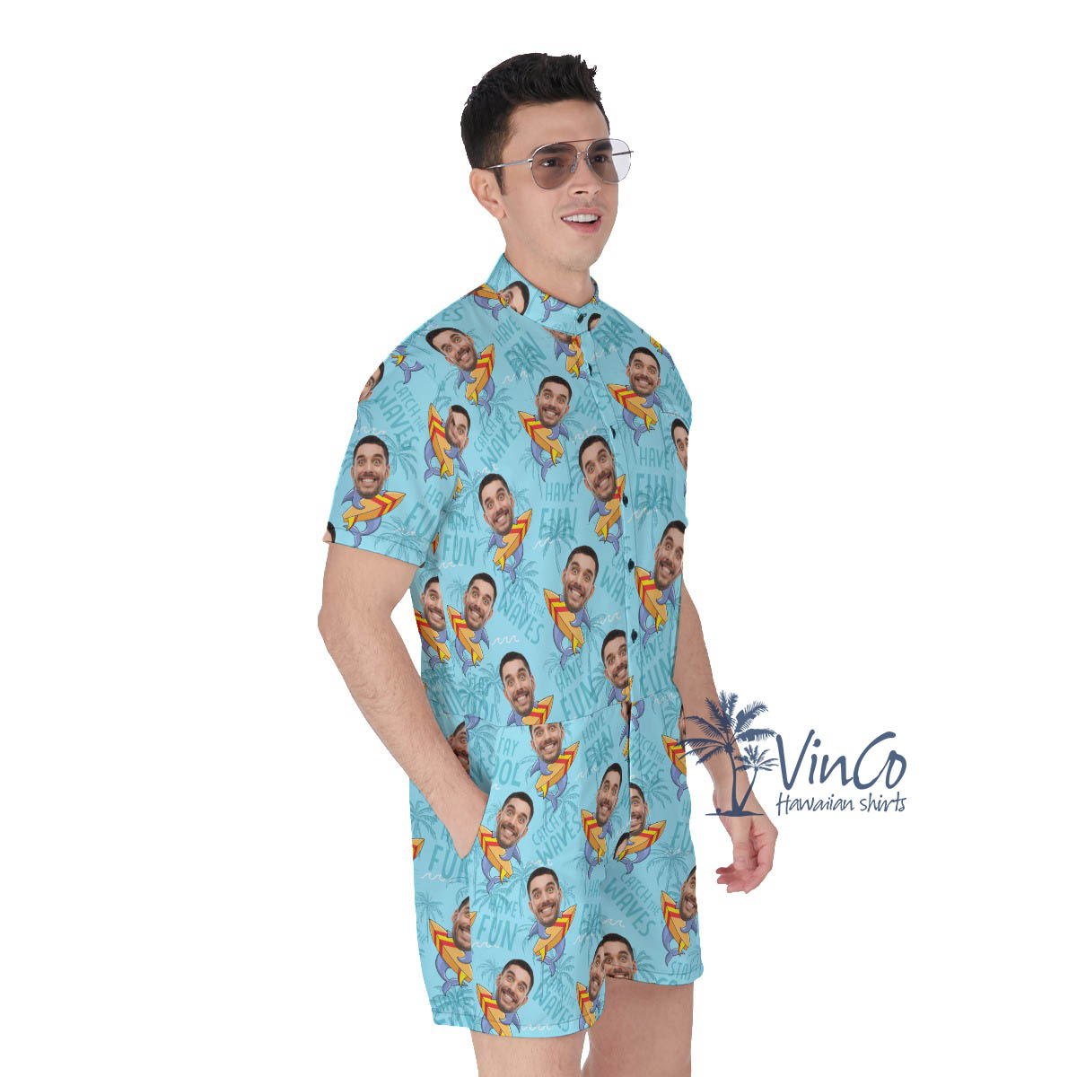 Funny Surfing Shark Custom Face Hawaiian Romper For Men