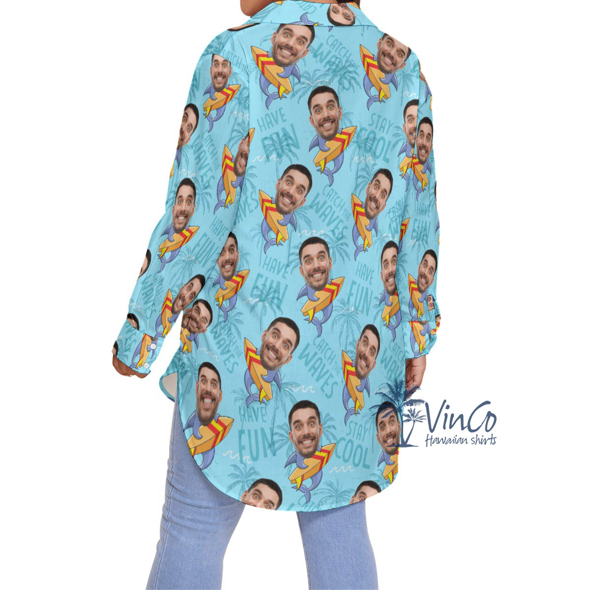 Funny Custom Face Shark Surfing Hawaiian Plus Shirt For Women