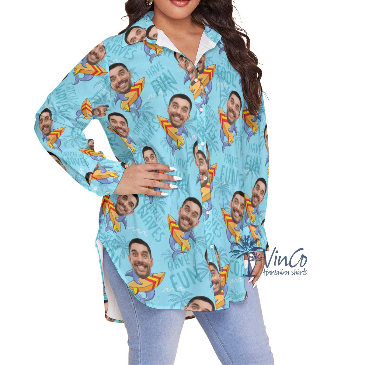 Funny Custom Face Shark Surfing Hawaiian Plus Shirt For Women