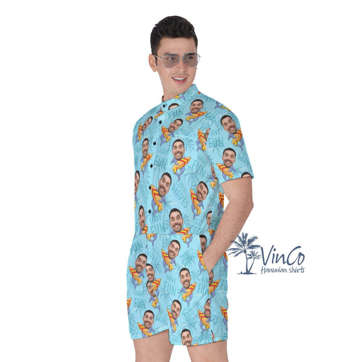Funny Surfing Shark Custom Face Hawaiian Romper For Men