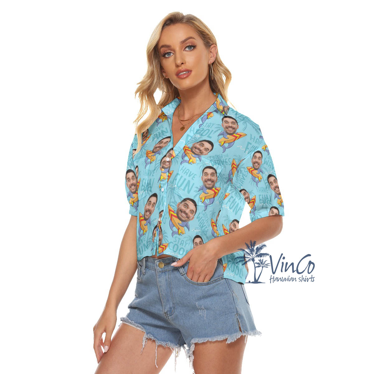 Funny Custom Shark Surfing Hawaiian Crop Top Shirt For Women With Face